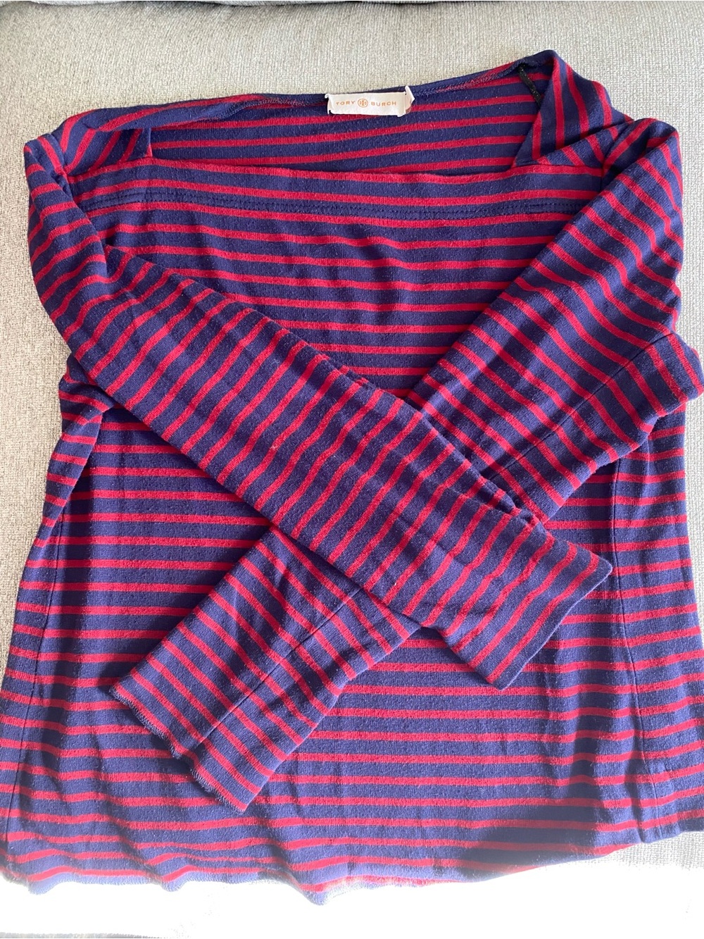 Tory Burch Navy and Red Striped Long Sleeve Top